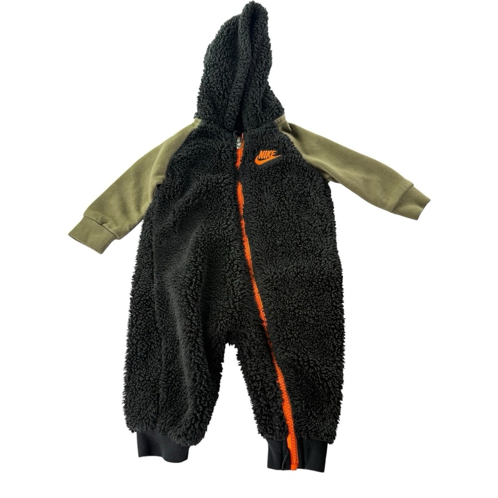 Nike Baby Sherpa Fleece Hooded Coverall Black Olive Orange Size 6M
